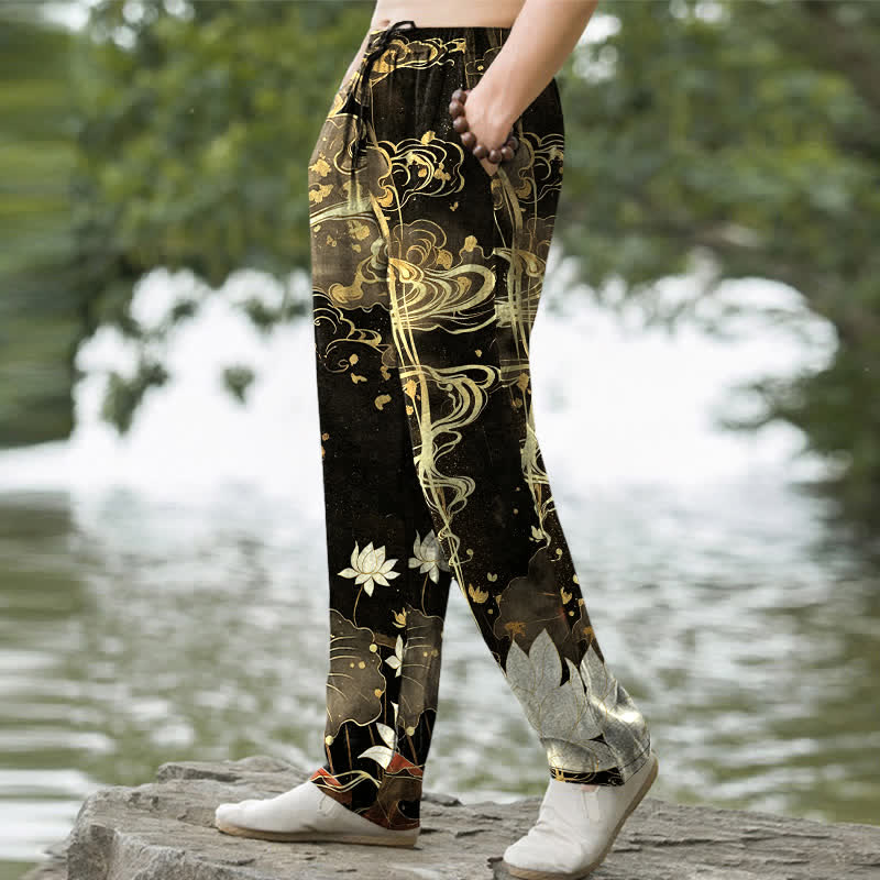 Buddha Stones Cotton Lotus Cloud Pattern Men's Tapered Pants With Pockets - image 1