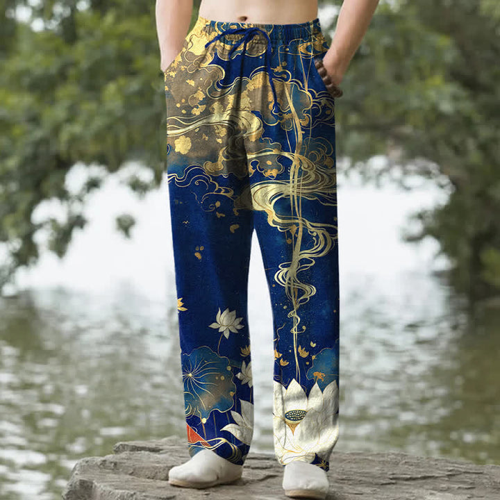 Buddha Stones Cotton Lotus Cloud Pattern Men's Tapered Pants With Pockets - Navy - US/UK/AU50，EU60 (5XL) - image 4
