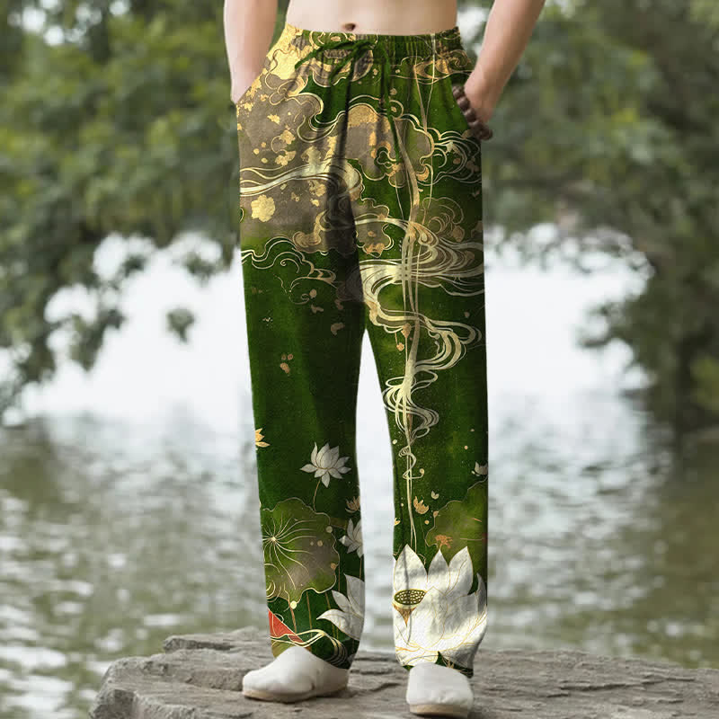Buddha Stones Cotton Lotus Cloud Pattern Men's Tapered Pants With Pockets - ForestGreen - US/UK/AU50，EU60 (5XL) - image 8