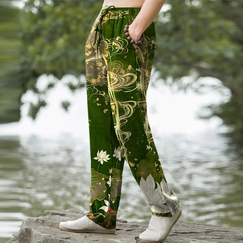Buddha Stones Cotton Lotus Cloud Pattern Men's Tapered Pants With Pockets - image 9