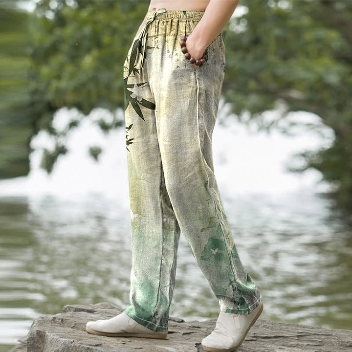 Buddha Stones Cotton Ink Bamboo Pattern Men's Tapered Pants With Pockets - image 1