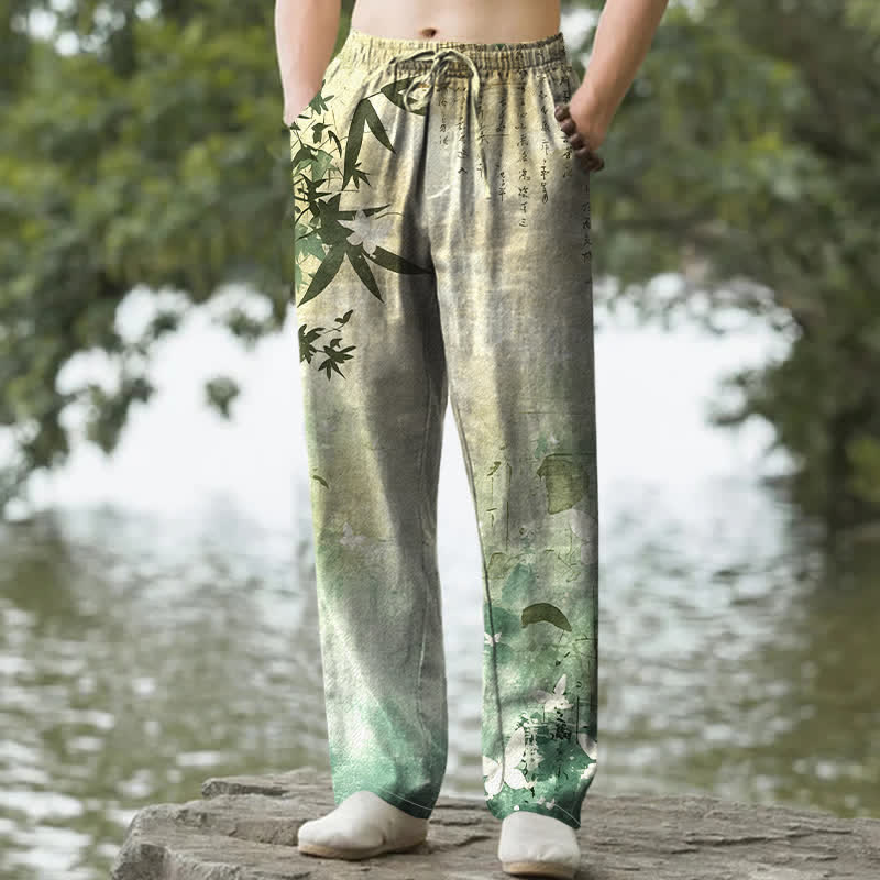 Buddha Stones Cotton Ink Bamboo Pattern Men's Tapered Pants With Pockets - YellowGreen - US/UK/AU50，EU60 (5XL) - image 0