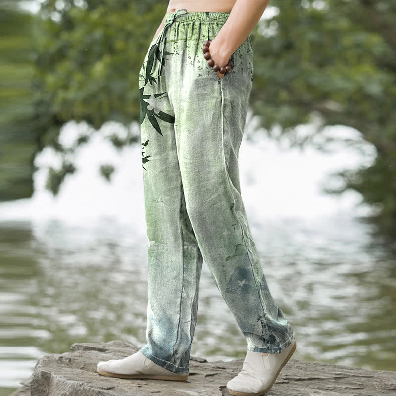 Buddha Stones Cotton Ink Bamboo Pattern Men's Tapered Pants With Pockets - image 5