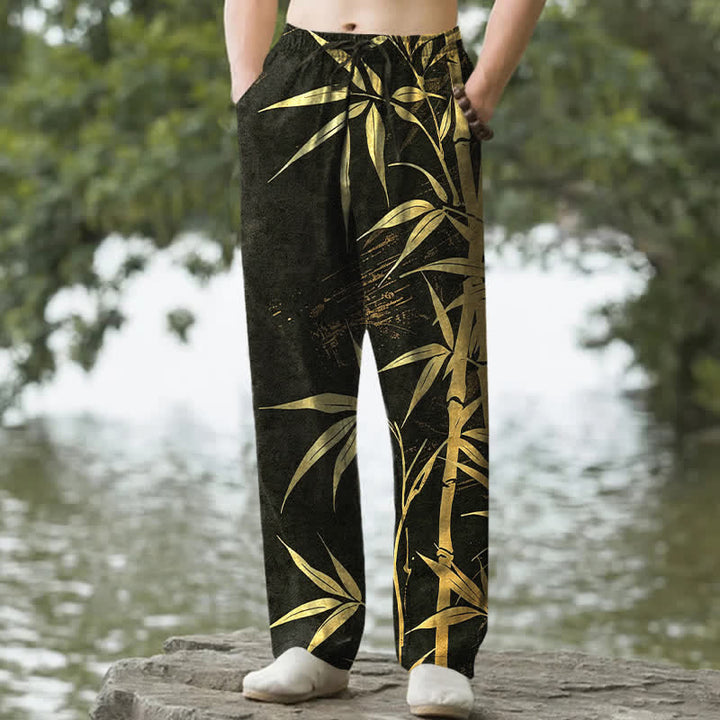 Buddha Stones Cotton Golden Bamboo Leaf Pattern Men's Tapered Pants With Pockets - Black - US/UK/AU50，EU60 (5XL) - image 0