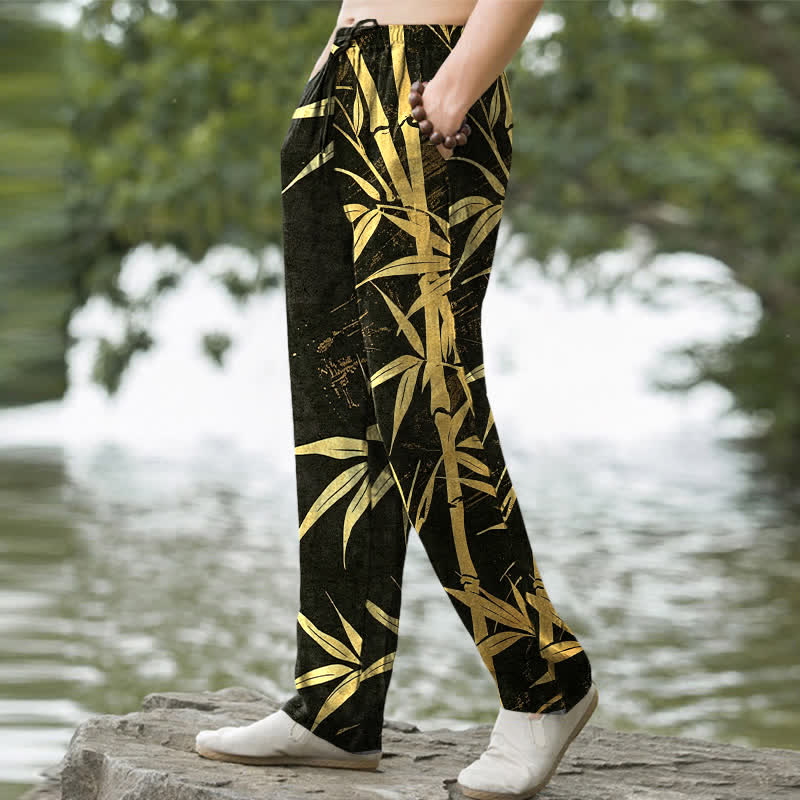 Buddha Stones Cotton Golden Bamboo Leaf Pattern Men's Tapered Pants With Pockets - image 1