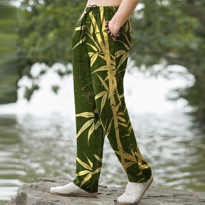 Buddha Stones Cotton Golden Bamboo Leaf Pattern Men's Tapered Pants With Pockets - image 5