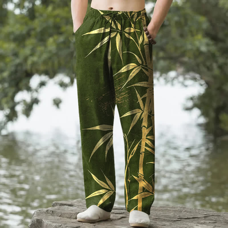 Buddha Stones Cotton Golden Bamboo Leaf Pattern Men's Tapered Pants With Pockets - DarkOliveGreen - US/UK/AU50，EU60 (5XL) - image 4