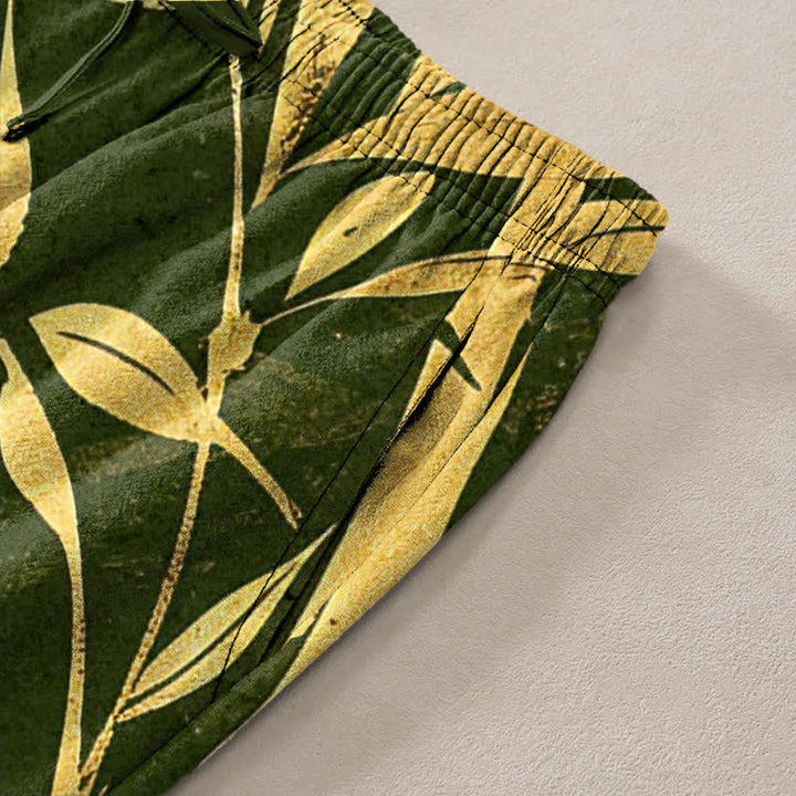 Buddha Stones Cotton Golden Bamboo Leaf Pattern Men's Tapered Pants With Pockets - image 7
