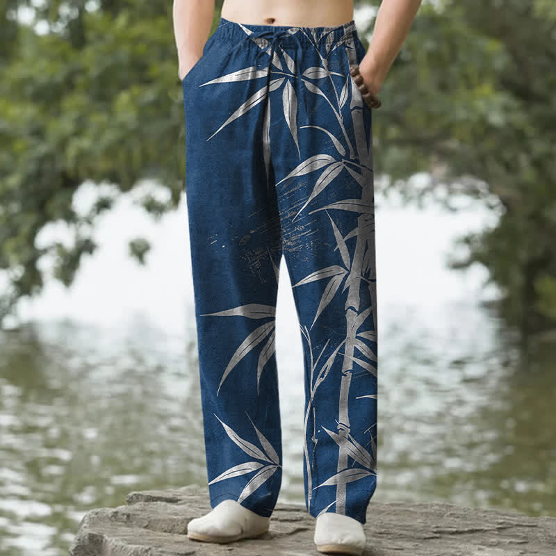 Buddha Stones Cotton Golden Bamboo Leaf Pattern Men's Tapered Pants With Pockets - Navy - US/UK/AU50，EU60 (5XL) - image 8