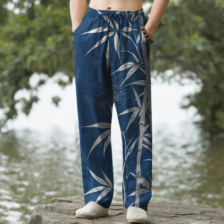 Buddha Stones Cotton Golden Bamboo Leaf Pattern Men's Tapered Pants With Pockets - Navy - US/UK/AU50，EU60 (5XL) - image 8