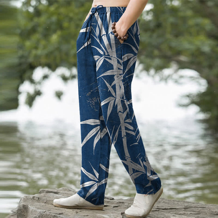 Buddha Stones Cotton Golden Bamboo Leaf Pattern Men's Tapered Pants With Pockets - image 9