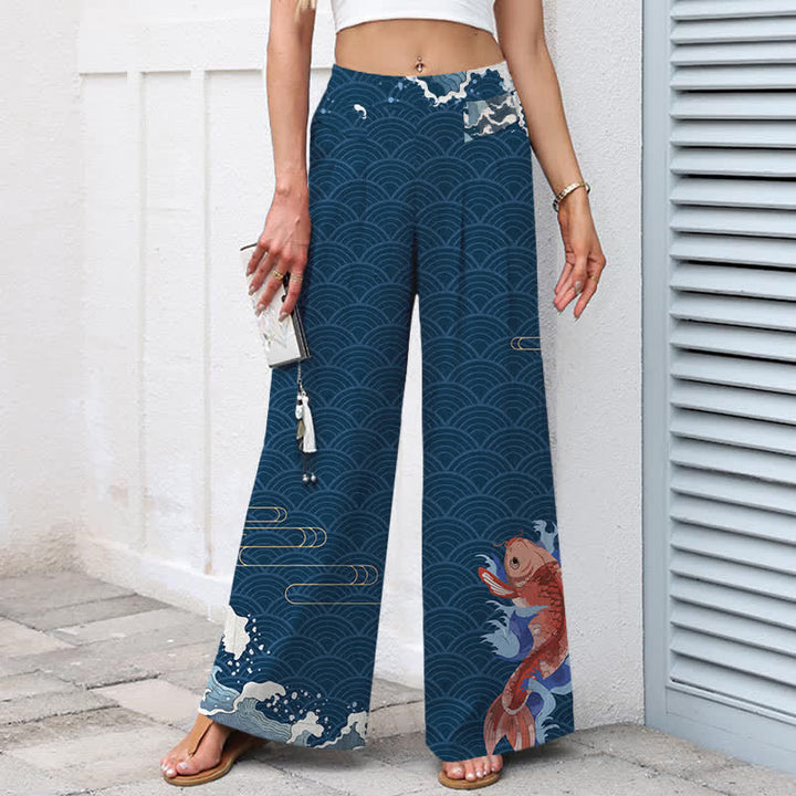 Buddha Stones Cotton Linen Koi Fish Wave Pattern Women's Elastic Waist Wide Leg Pants With Pockets - image 1