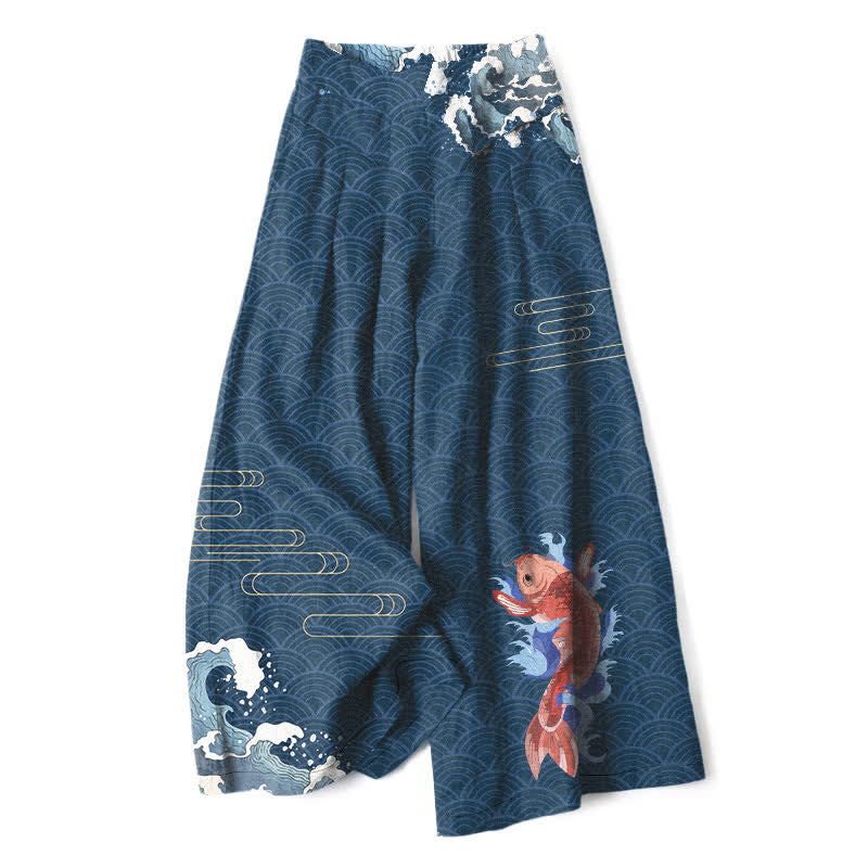 Buddha Stones Cotton Linen Koi Fish Wave Pattern Women's Elastic Waist Wide Leg Pants With Pockets - Navy - US16，UK/AU20，EU48 (3XL) - image 0