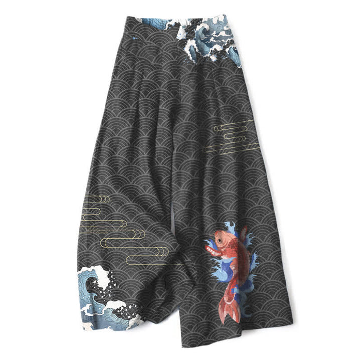 Buddha Stones Cotton Linen Koi Fish Wave Pattern Women's Elastic Waist Wide Leg Pants With Pockets - Black - US16，UK/AU20，EU48 (3XL) - image 4