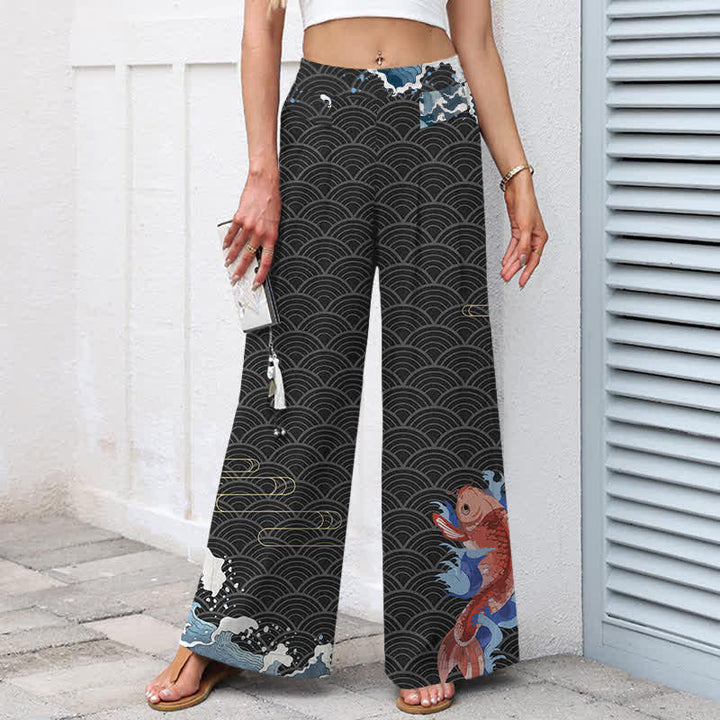 Buddha Stones Cotton Linen Koi Fish Wave Pattern Women's Elastic Waist Wide Leg Pants With Pockets - image 5