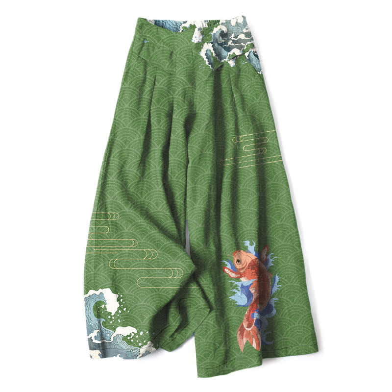 Buddha Stones Cotton Linen Koi Fish Wave Pattern Women's Elastic Waist Wide Leg Pants With Pockets - ForestGreen - US16，UK/AU20，EU48 (3XL) - image 6