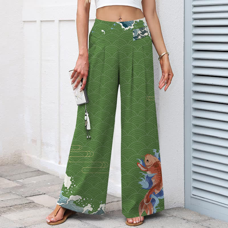 Buddha Stones Cotton Linen Koi Fish Wave Pattern Women's Elastic Waist Wide Leg Pants With Pockets - image 7