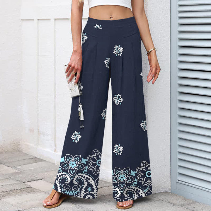 Buddha Stones Cotton Linen Bohemian Floral Pattern Women's Elastic Waist Wide Leg Pants With Pockets - image 1