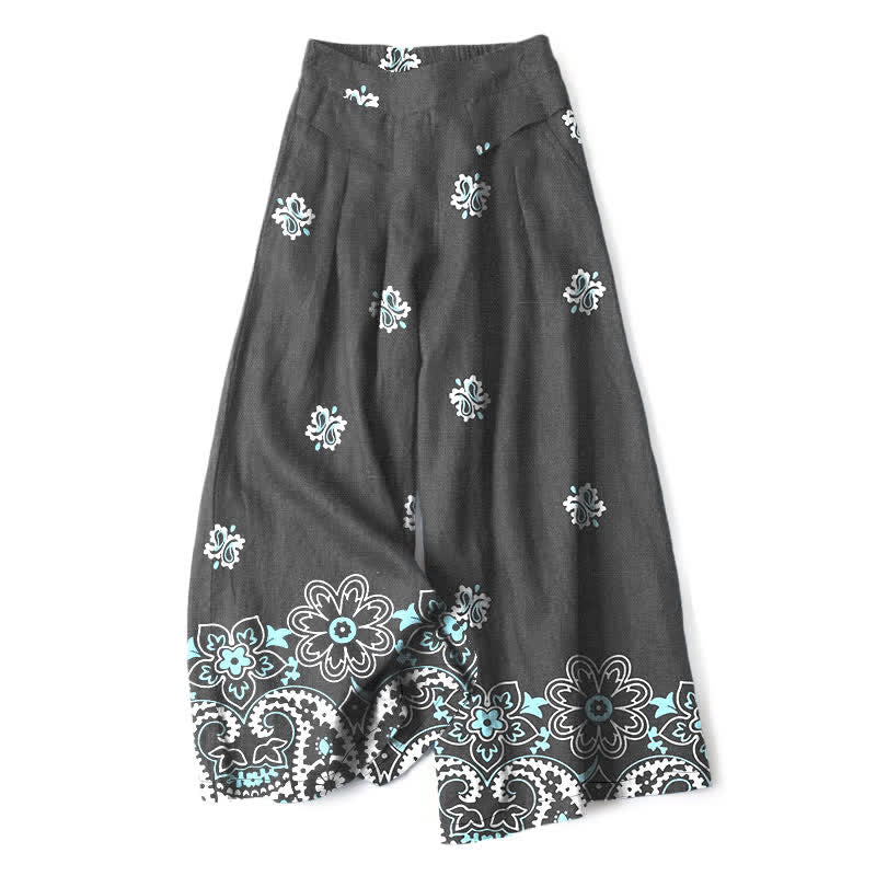 Buddha Stones Cotton Linen Bohemian Floral Pattern Women's Elastic Waist Wide Leg Pants With Pockets - DimGray - US16，UK/AU20，EU48 (3XL) - image 4