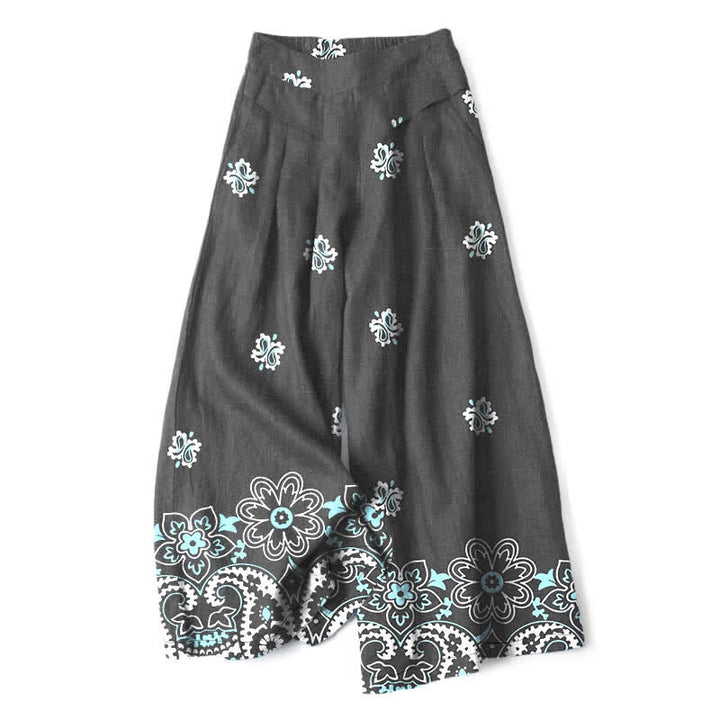 Buddha Stones Cotton Linen Bohemian Floral Pattern Women's Elastic Waist Wide Leg Pants With Pockets - DimGray - US16，UK/AU20，EU48 (3XL) - image 4