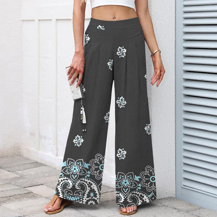 Buddha Stones Cotton Linen Bohemian Floral Pattern Women's Elastic Waist Wide Leg Pants With Pockets - image 5