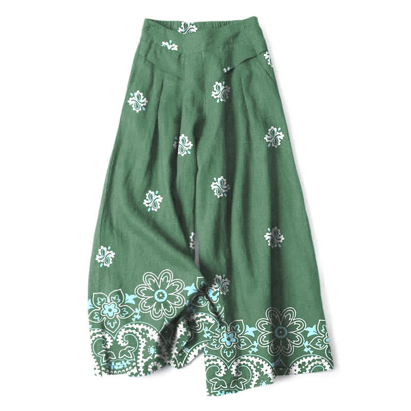 Buddha Stones Cotton Linen Bohemian Floral Pattern Women's Elastic Waist Wide Leg Pants With Pockets - MediumSeaGreen - US16，UK/AU20，EU48 (3XL) - image 6