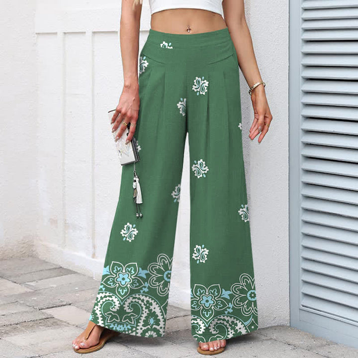Buddha Stones Cotton Linen Bohemian Floral Pattern Women's Elastic Waist Wide Leg Pants With Pockets - image 7
