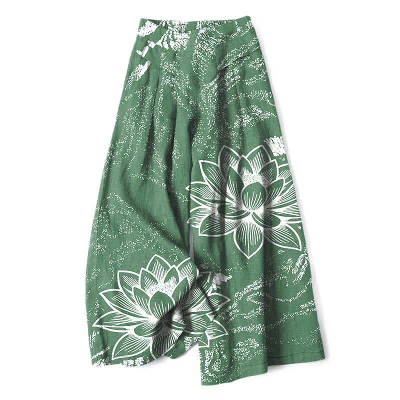 Buddha Stones Cotton Linen Lotus Floral Pattern Women's Elastic Waist Wide Leg Pants With Pockets - SeaGreen - US16，UK/AU20，EU48 (3XL) - image 0