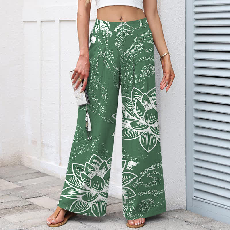 Buddha Stones Cotton Linen Lotus Floral Pattern Women's Elastic Waist Wide Leg Pants With Pockets - image 1