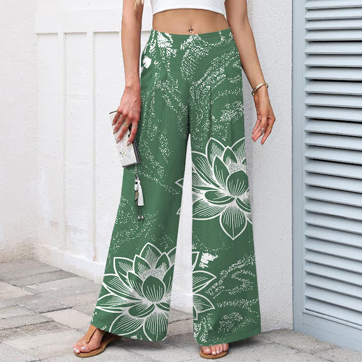 Buddha Stones Cotton Linen Lotus Floral Pattern Women's Elastic Waist Wide Leg Pants With Pockets - image 1