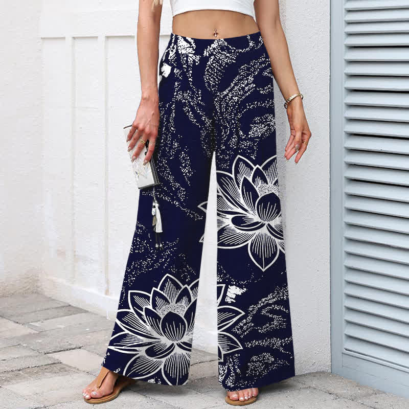 Buddha Stones Cotton Linen Lotus Floral Pattern Women's Elastic Waist Wide Leg Pants With Pockets - image 5
