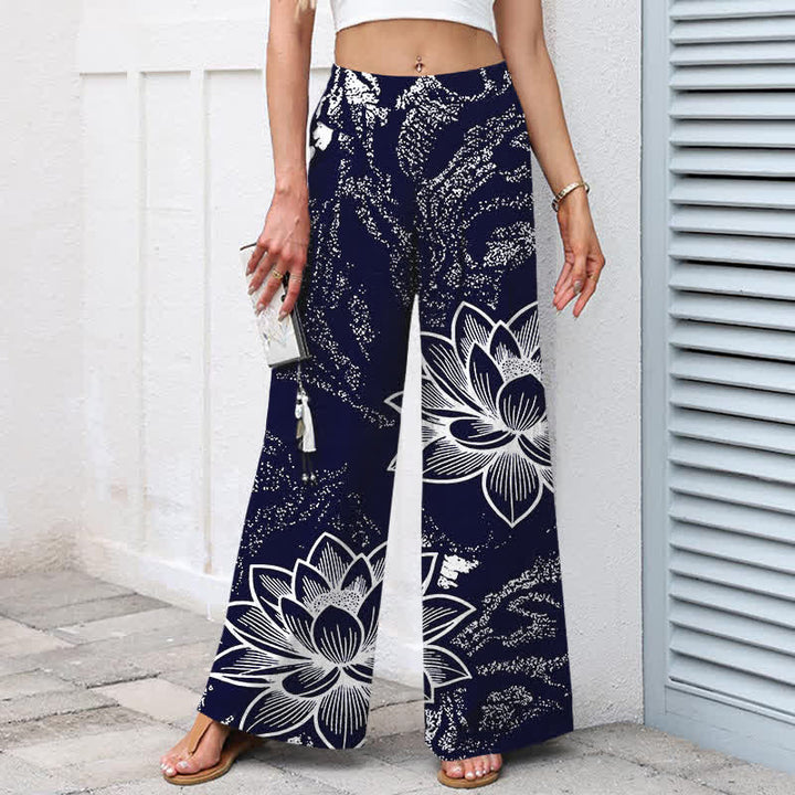 Buddha Stones Cotton Linen Lotus Floral Pattern Women's Elastic Waist Wide Leg Pants With Pockets - image 5