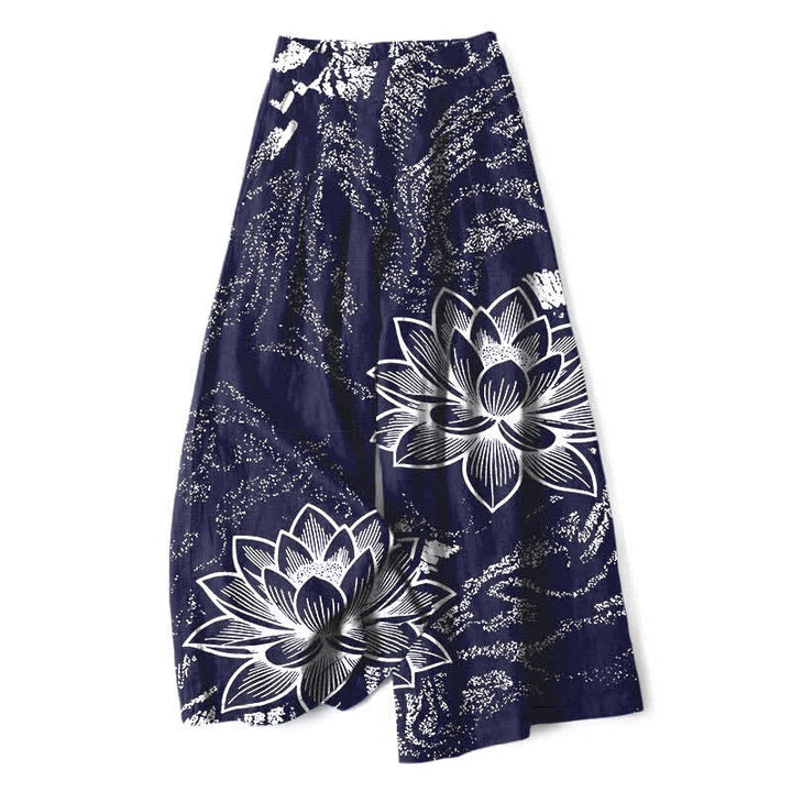 Buddha Stones Cotton Linen Lotus Floral Pattern Women's Elastic Waist Wide Leg Pants With Pockets - Navy - US16，UK/AU20，EU48 (3XL) - image 4