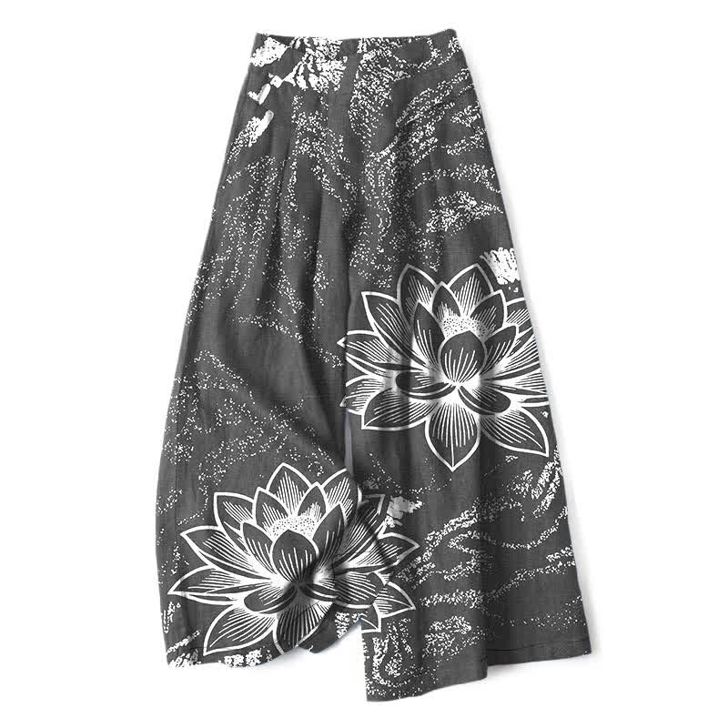 Buddha Stones Cotton Linen Lotus Floral Pattern Women's Elastic Waist Wide Leg Pants With Pockets - DimGray - US16，UK/AU20，EU48 (3XL) - image 6