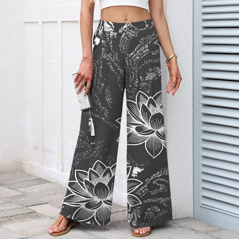 Buddha Stones Cotton Linen Lotus Floral Pattern Women's Elastic Waist Wide Leg Pants With Pockets - image 7