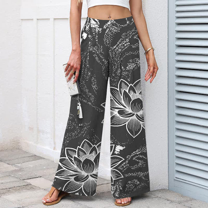 Buddha Stones Cotton Linen Lotus Floral Pattern Women's Elastic Waist Wide Leg Pants With Pockets - image 7