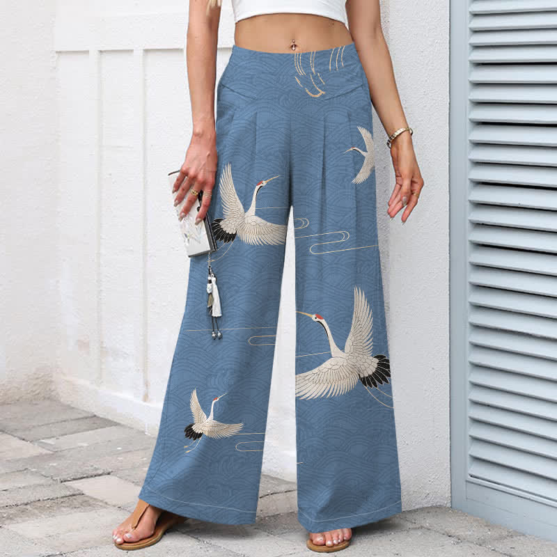 Buddha Stones Cotton Linen Crane Wave Pattern Women's Elastic Waist Wide Leg Pants With Pockets - image 1