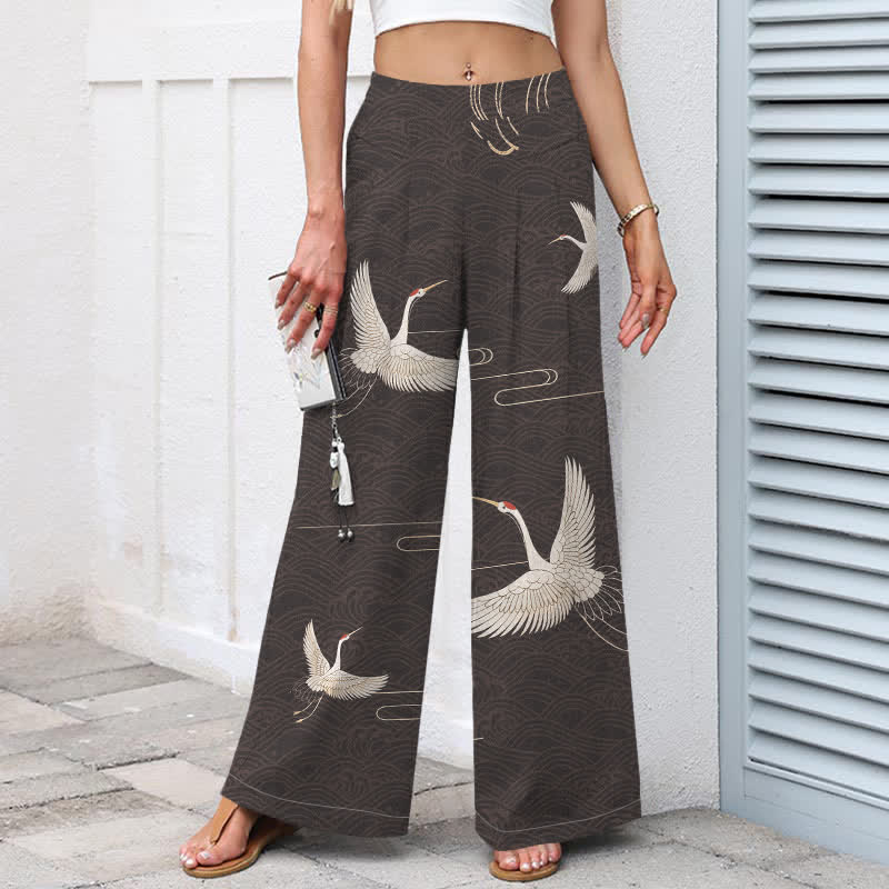Buddha Stones Cotton Linen Crane Wave Pattern Women's Elastic Waist Wide Leg Pants With Pockets - image 5