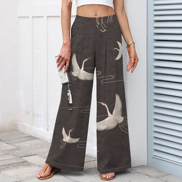 Buddha Stones Cotton Linen Crane Wave Pattern Women's Elastic Waist Wide Leg Pants With Pockets - image 5