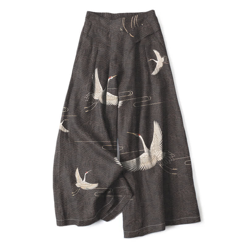 Buddha Stones Cotton Linen Crane Wave Pattern Women's Elastic Waist Wide Leg Pants With Pockets - DimGray - US16，UK/AU20，EU48 (3XL) - image 4