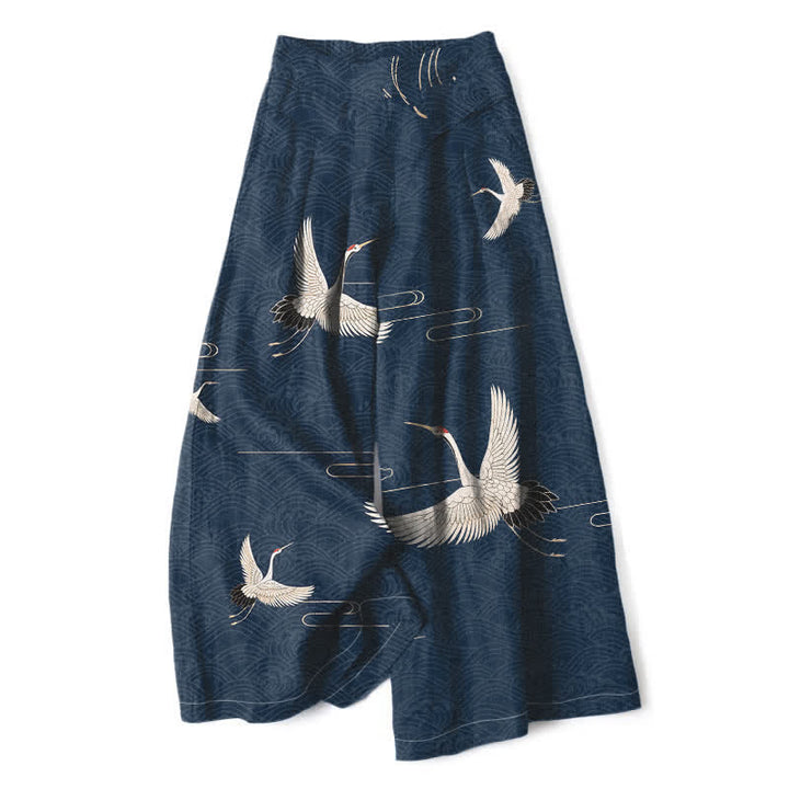 Buddha Stones Cotton Linen Crane Wave Pattern Women's Elastic Waist Wide Leg Pants With Pockets - Navy - US16，UK/AU20，EU48 (3XL) - image 6