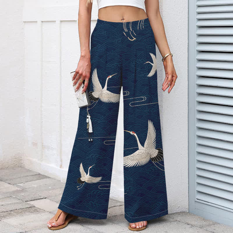 Buddha Stones Cotton Linen Crane Wave Pattern Women's Elastic Waist Wide Leg Pants With Pockets - image 7