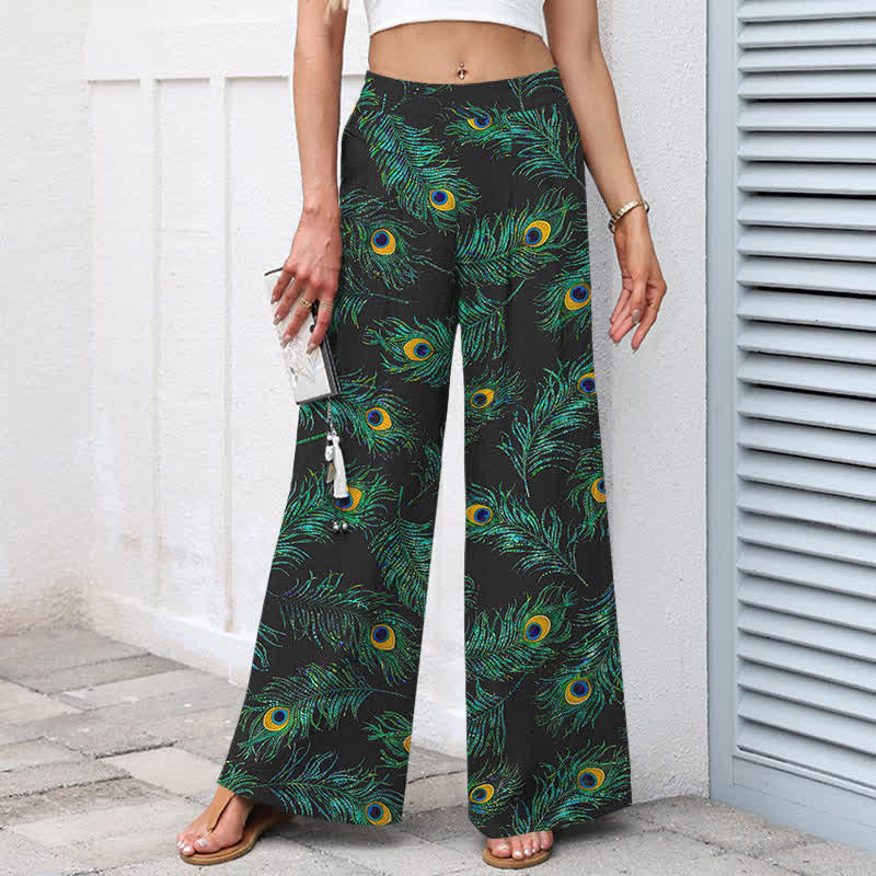 Buddha Stones Cotton Linen Peacock Feather Pattern Women's Elastic Waist Wide Leg Pants With Pockets - image 1