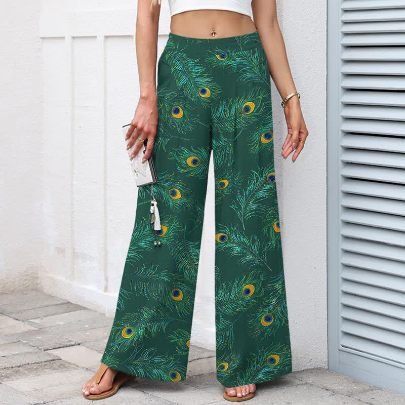 Buddha Stones Cotton Linen Peacock Feather Pattern Women's Elastic Waist Wide Leg Pants With Pockets - image 7