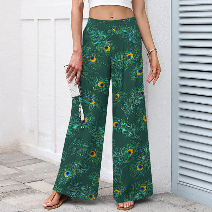 Buddha Stones Cotton Linen Peacock Feather Pattern Women's Elastic Waist Wide Leg Pants With Pockets - image 7