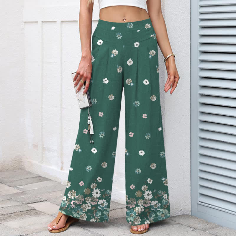 Buddha Stones Cotton Linen Vintage Daisy Floral Pattern Women's Elastic Waist Wide Leg Pants With Pockets - image 1