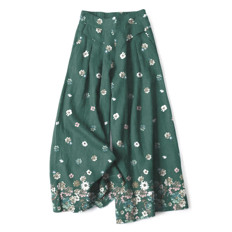 Buddha Stones Cotton Linen Vintage Daisy Floral Pattern Women's Elastic Waist Wide Leg Pants With Pockets - SeaGreen - US16，UK/AU20，EU48 (3XL) - image 0