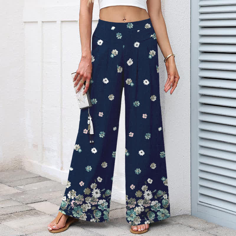 Buddha Stones Cotton Linen Vintage Daisy Floral Pattern Women's Elastic Waist Wide Leg Pants With Pockets - image 5