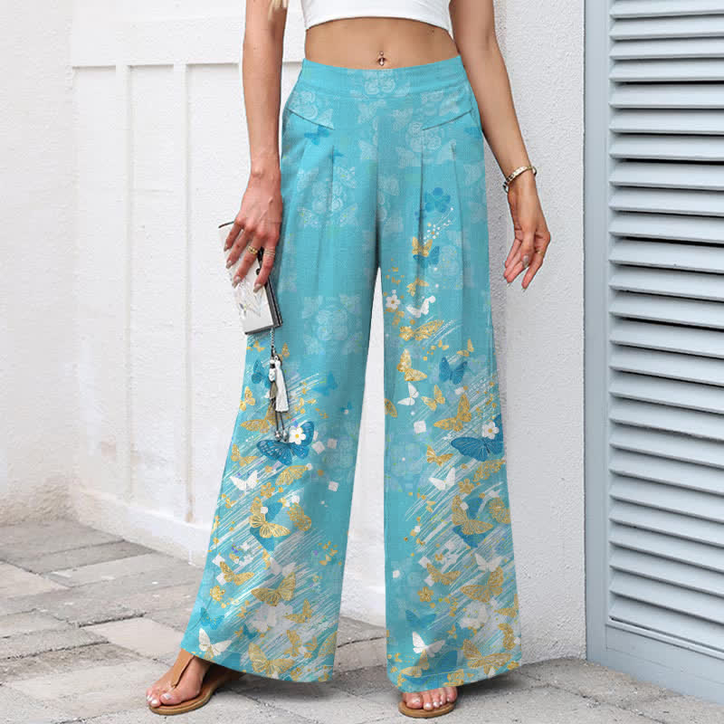 Buddha Stones Cotton Linen Bohemian Floral Gold Butterflies Pattern Women's Elastic Waist Wide Leg Pants With Pockets - image 1