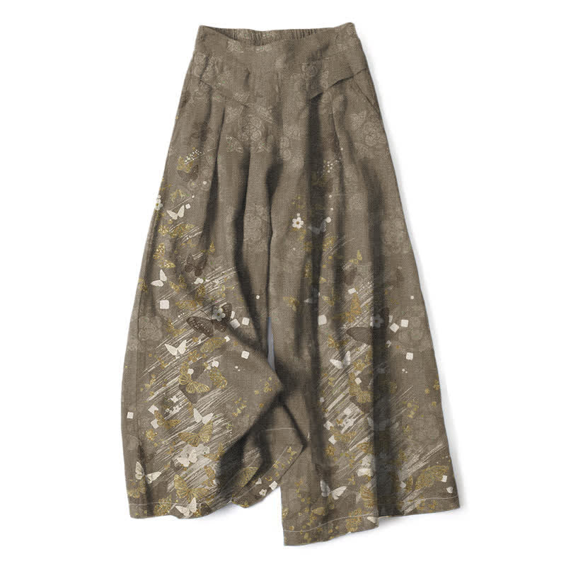 Buddha Stones Cotton Linen Bohemian Floral Gold Butterflies Pattern Women's Elastic Waist Wide Leg Pants With Pockets - Olive - US16，UK/AU20，EU48 (3XL) - image 4